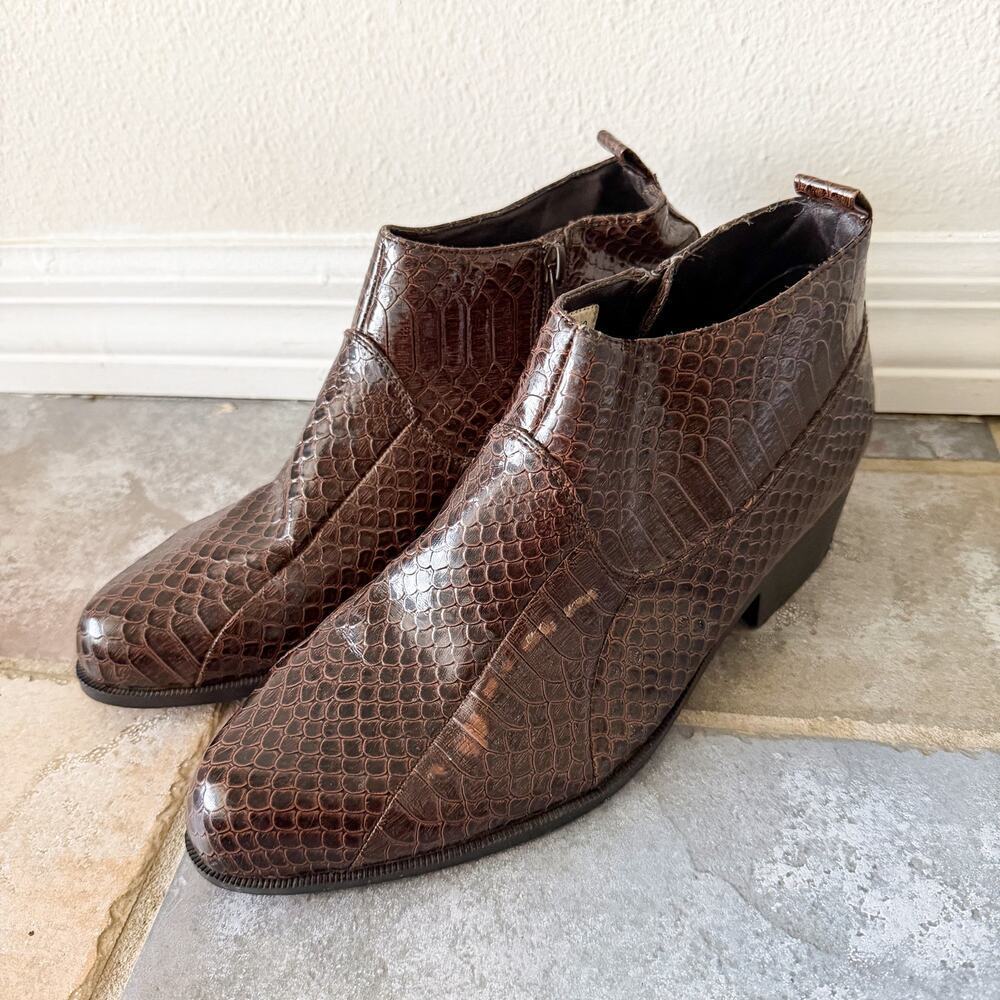 Miralto Brown Faux Leather Reptile Embossed Ankle Boots Zip Heel Sz 10